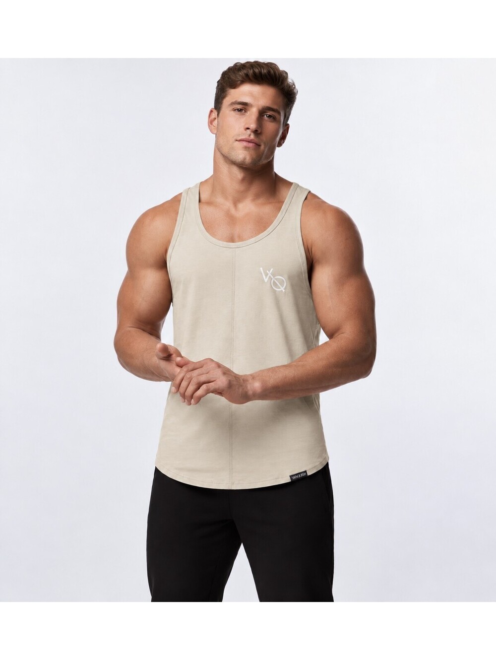 Vanquish Fitness VQ Mens M Tan Khaki Longline Curved Hem Tank Top Stringer